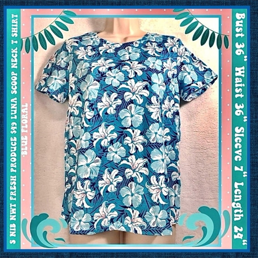 S NIB NWT $49 T SHIRT FRESH PRODUCE LUNA SCOOP NECK BLUE & LILY FLORAL